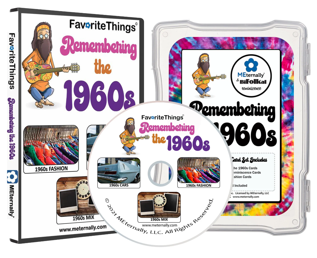 A white DVD case and DVD with ”Remembering the 1960s” in retro pink, orange and purple letters with tie dye background and a cartoon hippie.
