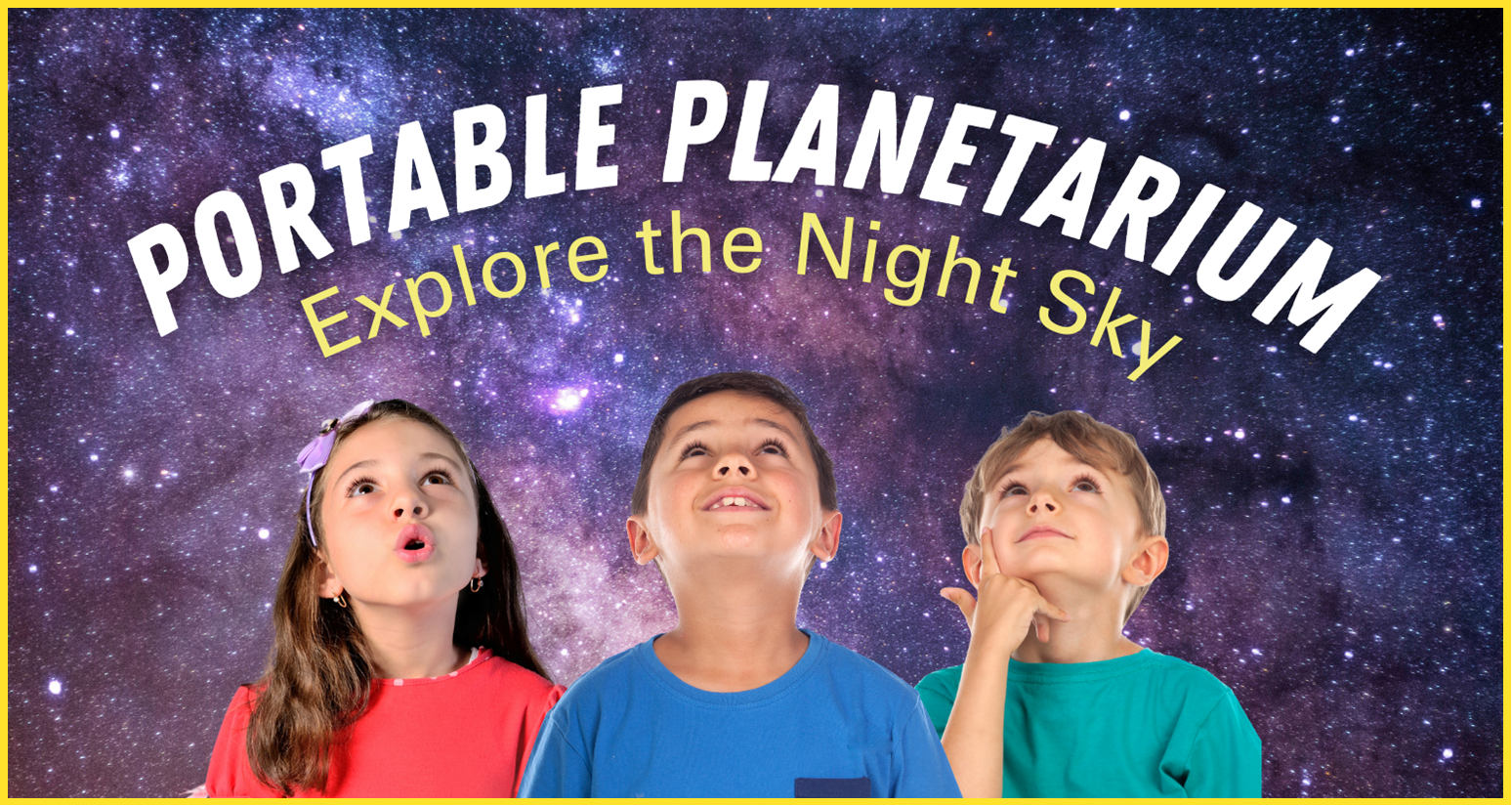 Three kids look up into space in awe