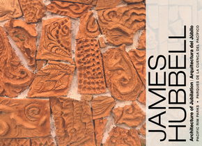 Picture of decorative clay tiles with text overlaid that reads: James Hubbell: Architecture of Jubilation-Pacific Rim Parks.