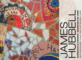 Picture of mosaic tiles with text overlaid that reads: James Hubbell: Architecture of Jubilation-Side by Side.