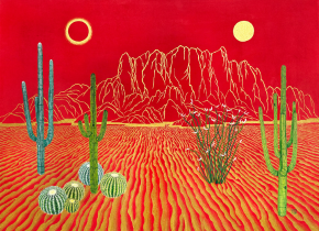 A vibrant painting of cactuses on a desert landscape by artist Sihyeon Park.