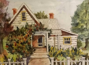 A painting of a house with a front garden by artist Cheryl Trasher of the Associated Fine Artists.