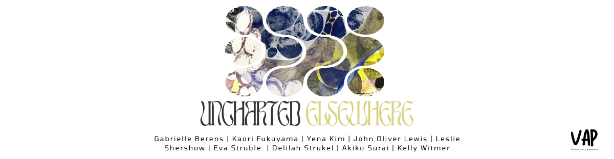 Squiggly cut outs over blue and yellow painting with the words uncharted Elsewhere below