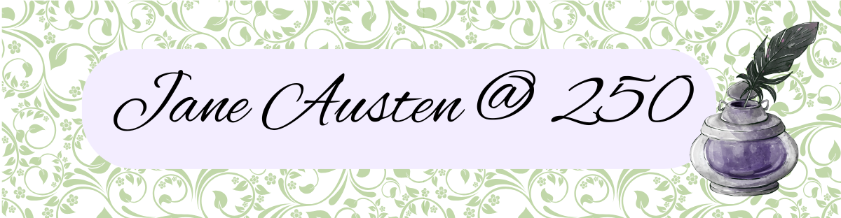 Green filigree background with black text "Jane Austen @ 250" in foreground