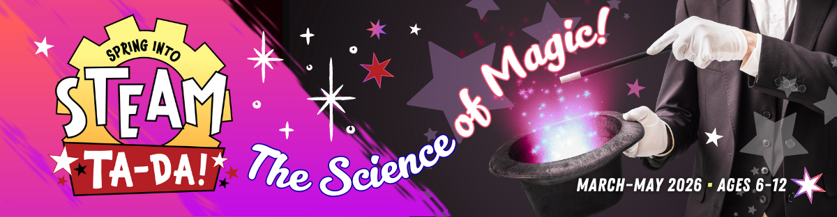 An image is split with pink and purple stars on one side and other side a magician in a black tuxedo holds a magic wand to a black top hat with purple and white magic sparks coming out.