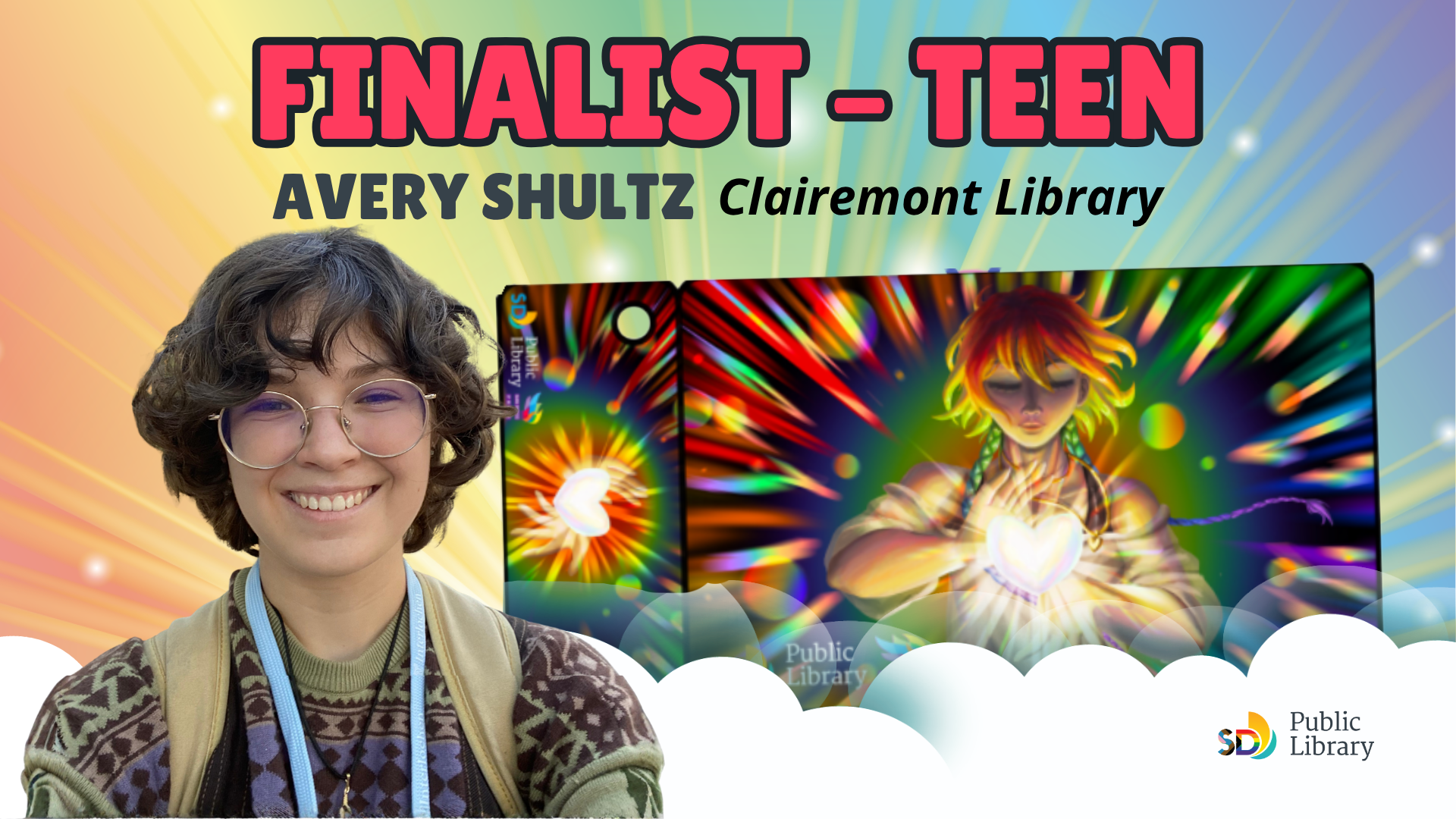 A photo of teen finalist Avery Schultz wearing gold-rimmed glasses, a patterned knit sweater, and a smiling expression. Avery appears next to their card design, which features a young, gender-queer person emanating white and rainbow light beams from a crystal heart framed by their hands.