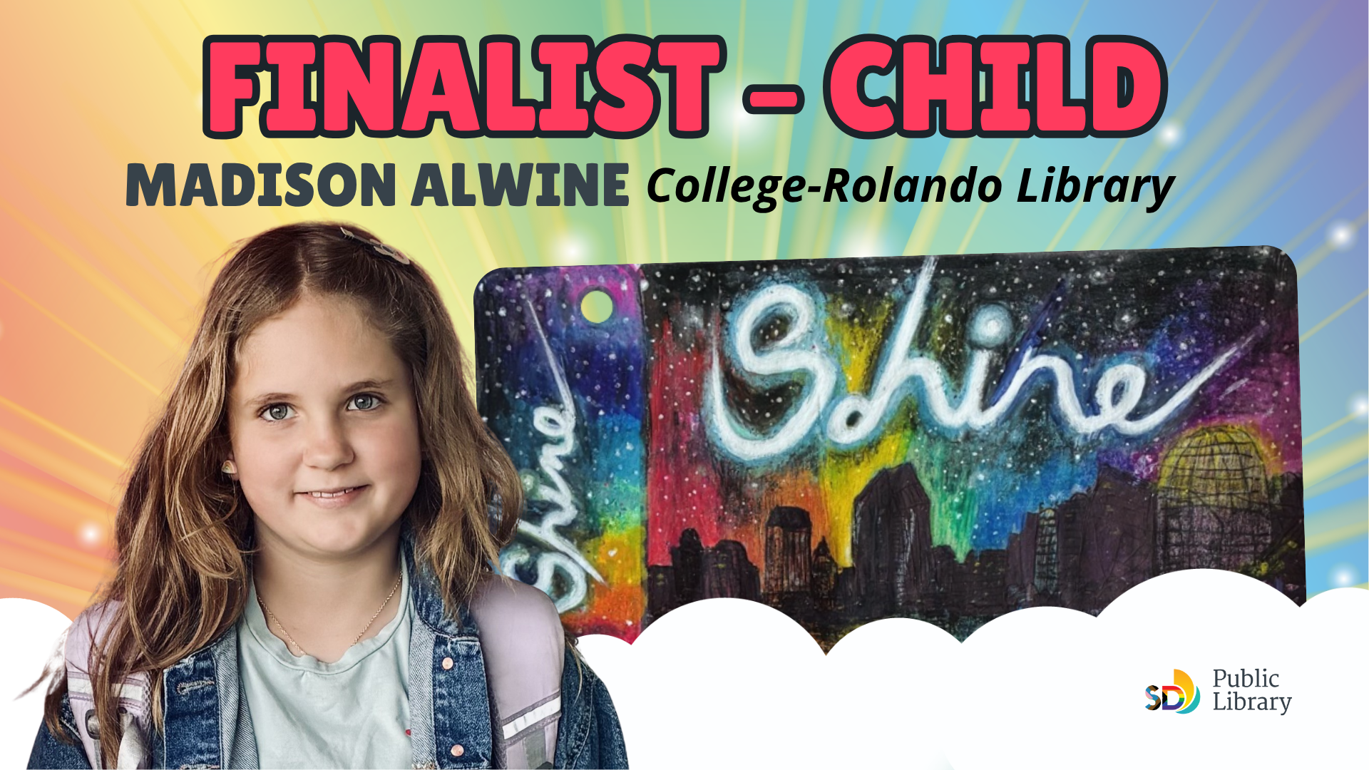 A photo of child finalist Madison Alwine wearing a denim jacket and smiling expression. They are pictured next to their design, featuring a silhouette of the San Diego skyline against a starry night sky; rainbow light shines from behind the skyline, with the word “Shine” written in bright white starlight.