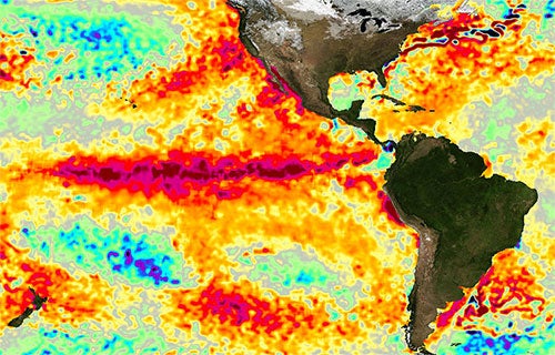 Sea surface temperature differences on March 1, 2016. Dark red indicates much warmer water.