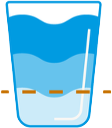 Illustration of a glass full of water and a dashed level marker near the bottom of the glass