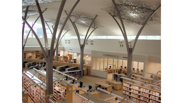Overhead view of the interior inside the Mission Valley Library