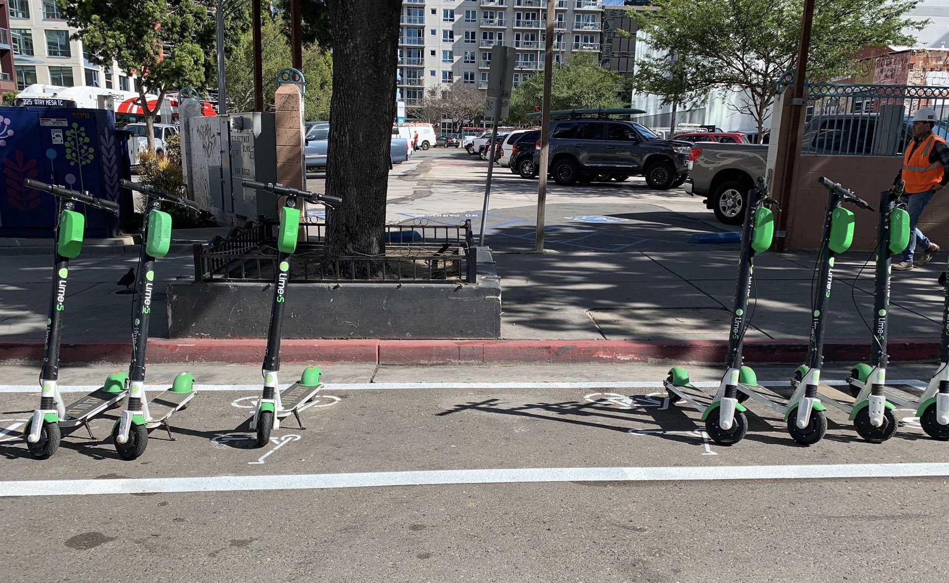 Dockless bikes parked in a dedicated scooter corral on a street.