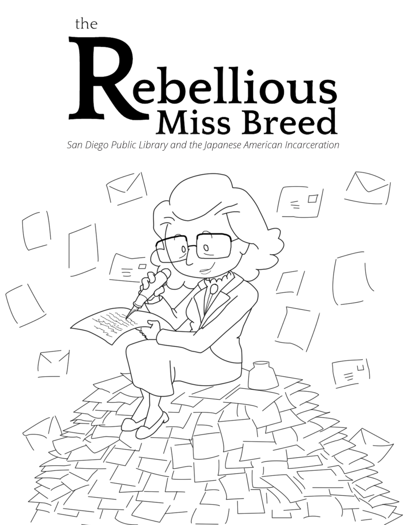 Caricature of Miss Bree on stack of letters