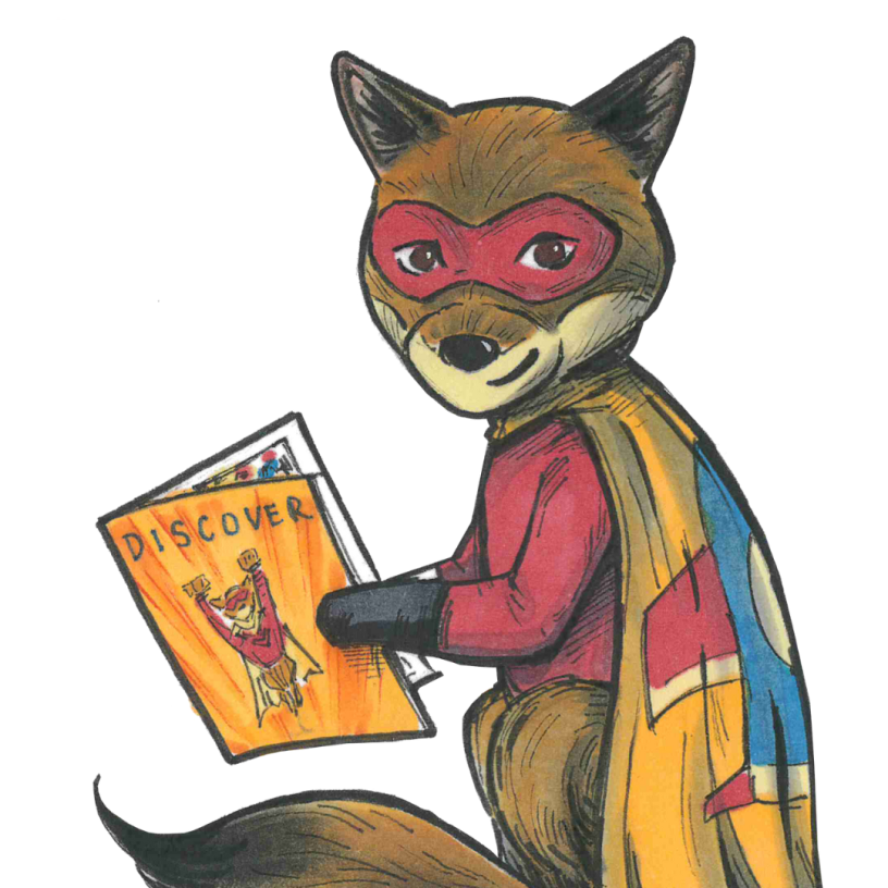 sketch of ODI the coyote dressed as a superhero reading a comic.