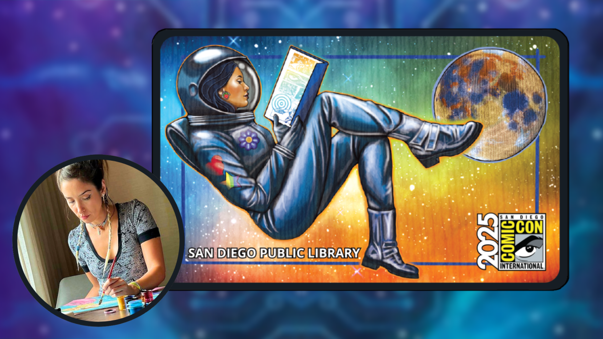 Picture of the 2025 Comic-Con card featuring an astronaut reading a book in space with a picture of the artist, Sarah Wilkinson in the lower left corner.