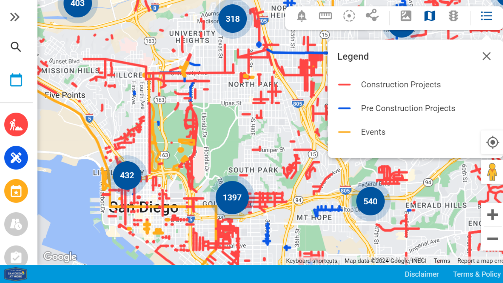 project finder map that highlights the work being done around san diego