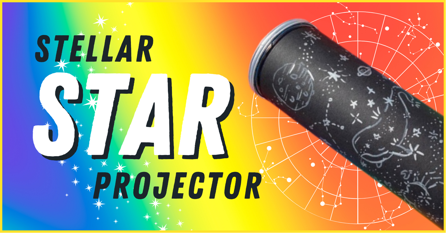 Star projector device against a rainbow background