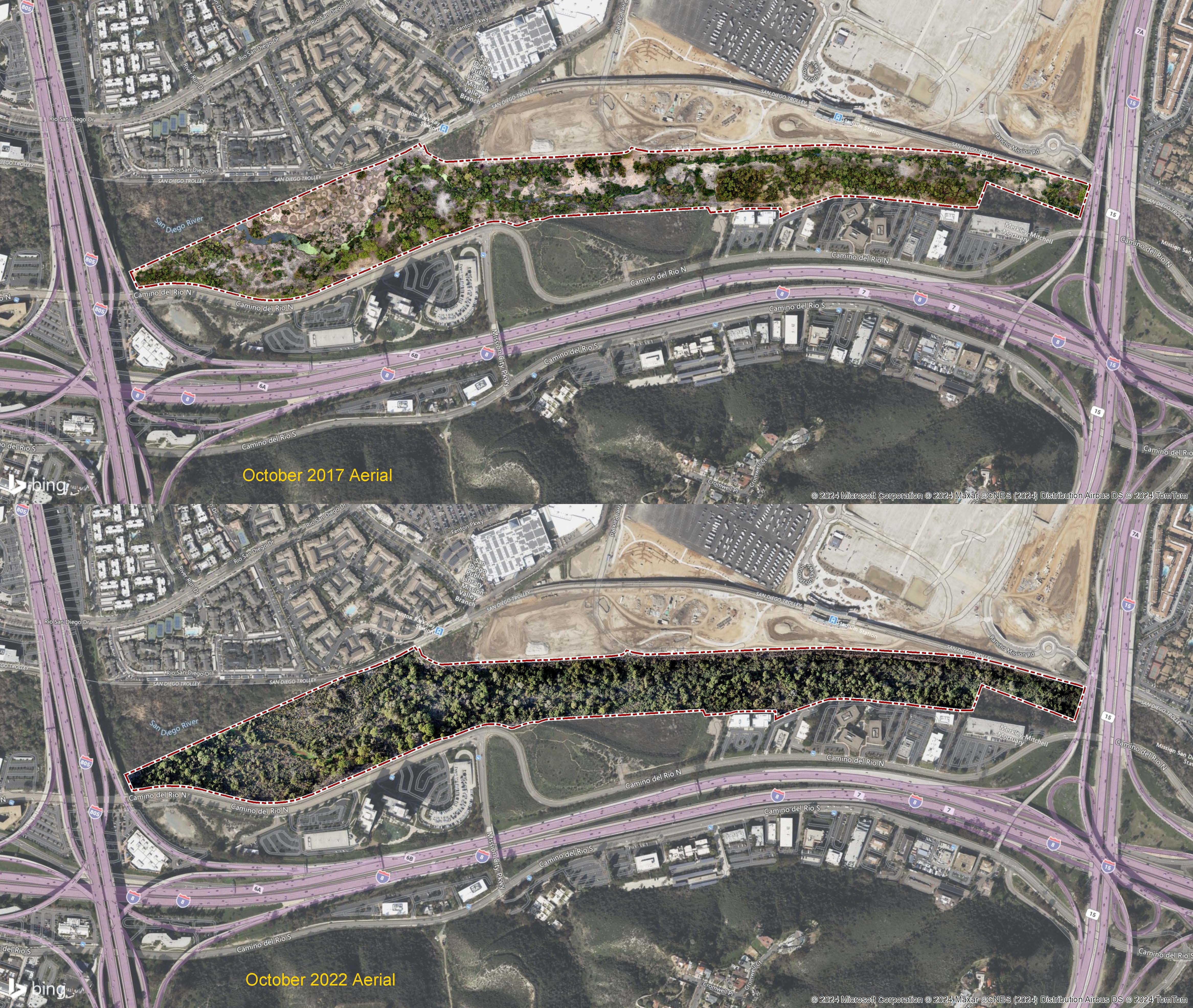 aerial of site shows 2017 and 2022 views of mitigation site
