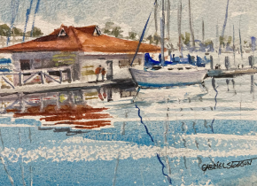 Watercolor painting of a boat by a dock by artist Gabriel Stockton