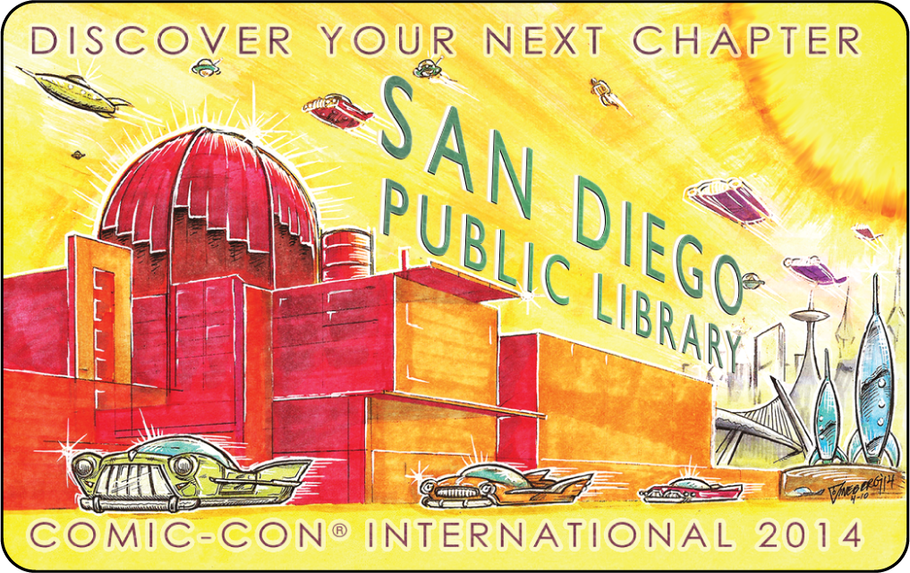 A futuristic (in midcentury modern/fifties stylings) San Diego cityscape with the iconic Central Library, pedestrian walkway and other buildings in the distance. Flying ships in the sky and hover cars on the ground. Illustrated in pen and marker. 

 

San Diego Public Library signage hovers at an angle above the buildings. Text: Discover your Next Chapter and Comic-Con International 2014 on the top and bottom of the design. 