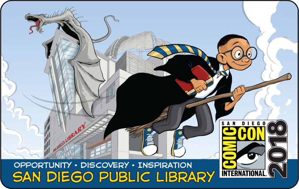 A bespectacled boy with Harry Potter-Universe stylings garbed in black robe, striped tie and blue shoes flies away on a broom carrying a stack of books. In the background, a roaring dragon with wings sitting atop the Central Library building can be seen. 

Official 2018 Logo of Comic-Con International 

Text: Opportunity, Discovery, Inspiration 

San Diego Public Library 