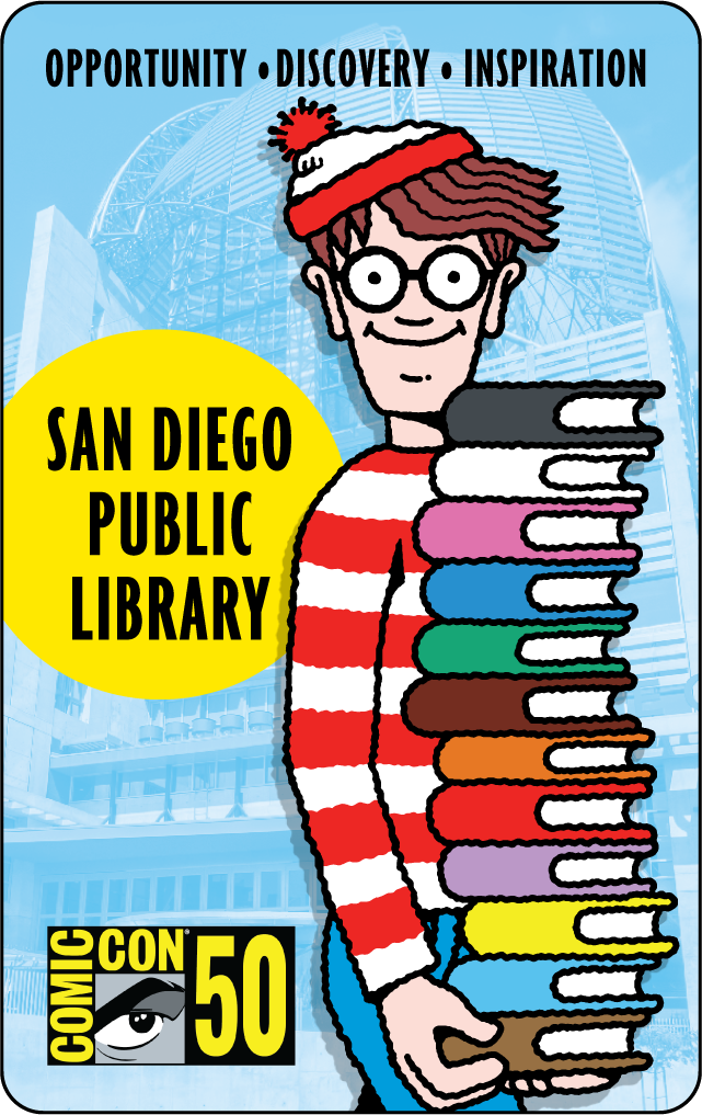 Where’s Waldo holds a tall stack of books with various colored covers in front of a heavily stylized photograph of Central Library overlayed in light blue. 

 

Text: Opportunity Discovery Inspiration 

San Diego Public Library 

 

Official Comic-Con 50 year logo.  