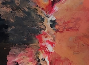 Close up of an abstract acrylic fluid art piece by artist Sarah Poole