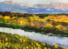 Painting of a river in a field of yellow flowers by artist Laura Green