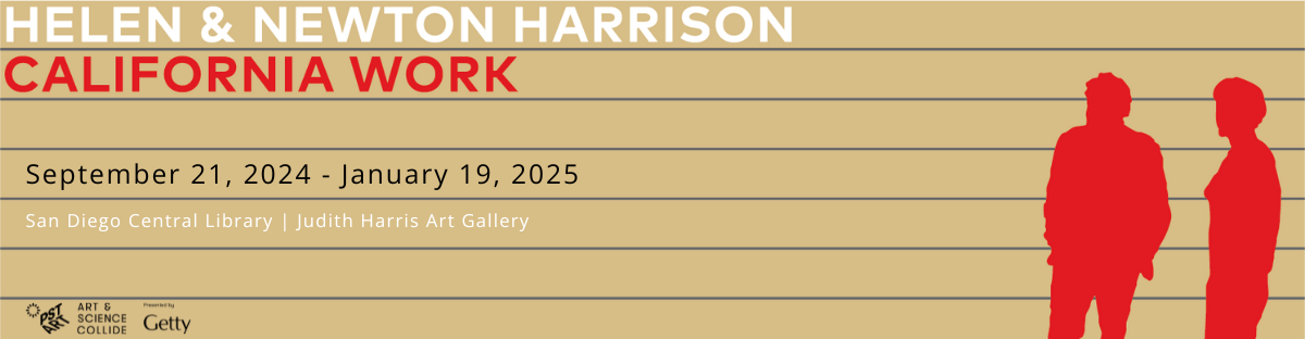 New art gallery exhibit Helen & Newton Harrison California Work; brown background with thing gray stripes with red silhouettes of two people in the corner