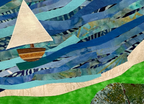 Quilt square of a sailboat on waves by a local community member