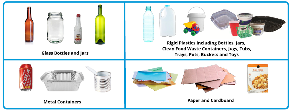 Accepted materials in the blue recycling bin include all plastic and glass bottles and jars, paper, newspaper, metal containers, cardboard, rigid plastics including clean food waste containers, jugs, tubs, trays, pots, buckets and toys.