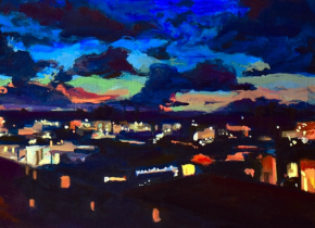 Acrylic painting of a suburban city scape and clouds at night titled Prelude by artist Lauren Elyse S.