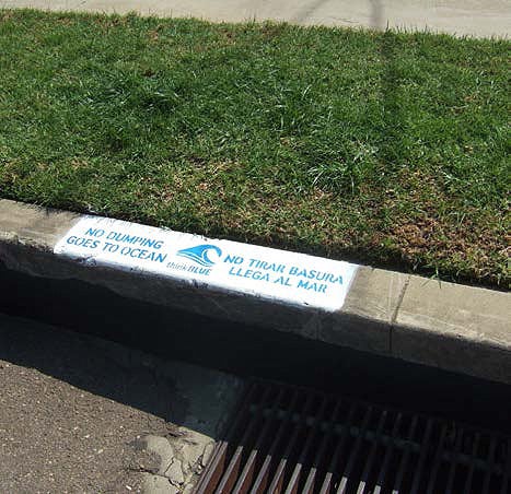 A storm drain with curb painting that says No Dumping, Goes to Ocean