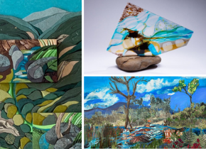 Digital collage of mixed media artwork by artists from the San Diego River Artists’ Alliance