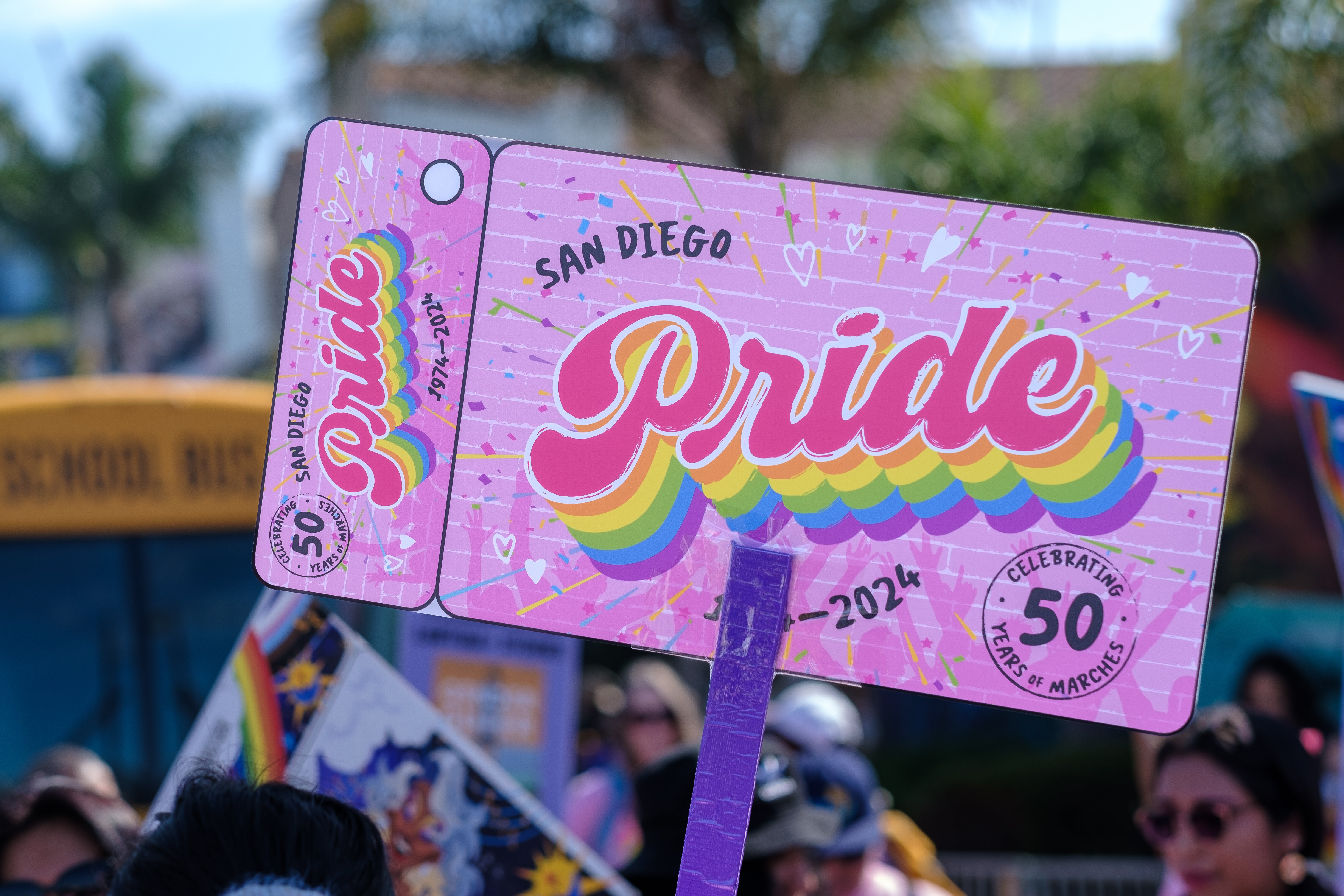 Image of 2024 San Diego Public Library Pride card as a large sign