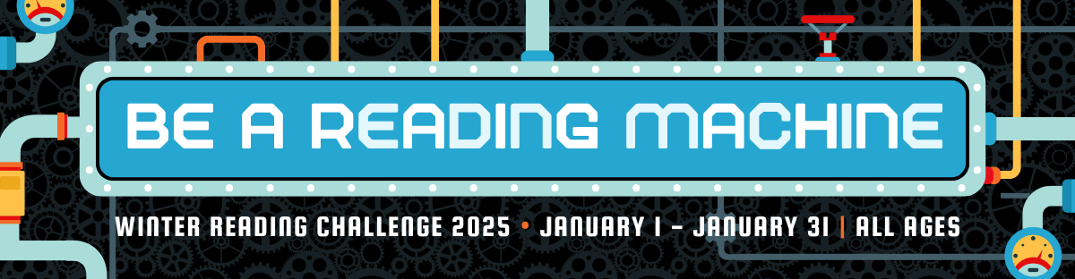 slogan "Be a reading machine" in white on light blue background on top of a black background with pipes and gears.