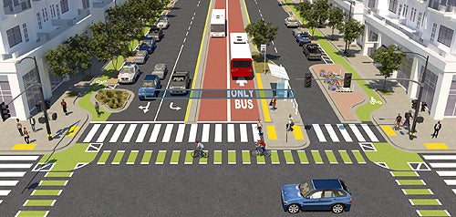 Illustration of modern street design with dedicated lanes for buses and bicycles