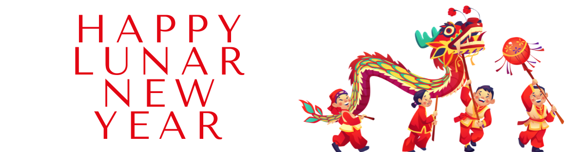 San Diego Public Library celebrates Lunar New Year. Red text reads, “Happy Lunar New Year.” Just ahead, a group of three figures, all dressed in red and gold, march in procession, holding up a traditional lion dance costume. A fourth figure carries an ornate red paper lantern, leading the way.   