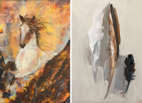 Image of two oil painting, one of a horse, the other of a group of feathers by artists Reva Sandmeyer & Page Ginns