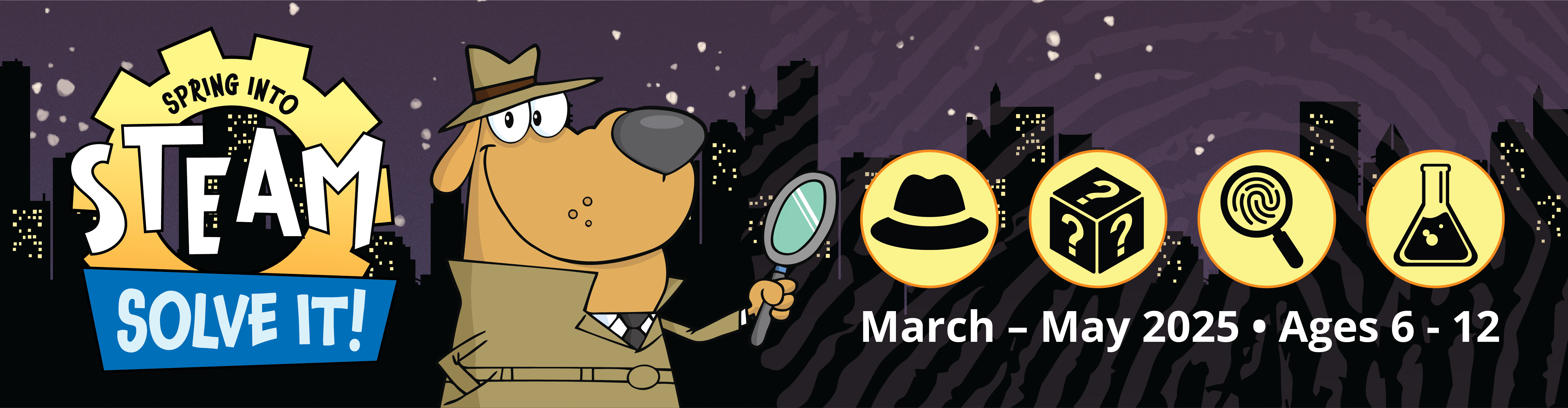 A brown dog with yellow eyes and a black nose is dressed in a detective brown jacket and hat and holds up a magnifying glass against a city scape with yellow lit up windows and dark blue sky.