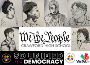 Images of self-portraits from Students at Crawford Highschool surrounding the title “We the People”