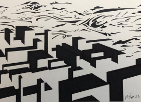 Image an abstract black and white city scape by artist William Propp