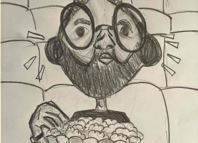 Image of a hand-drawn caricature of a man sitting in a movie theater eating popcorn by artist Ben Cayetano