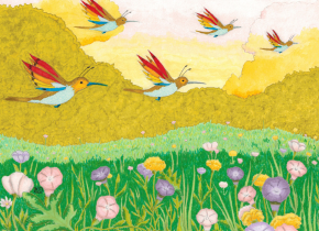 Image of 5 “hummingflies” flying in the sky above a blooming flower field by artist Adelyn Chan