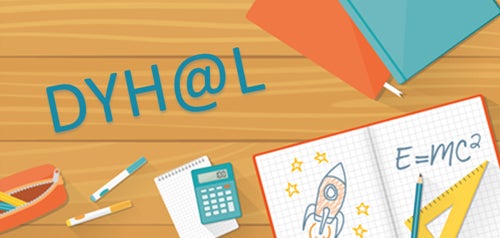 Illustration of a desk with school supplies and an open notebook