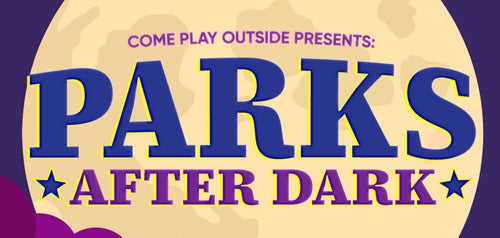 Illustration of full moon in the night sky with text that says parks after dark overlayed