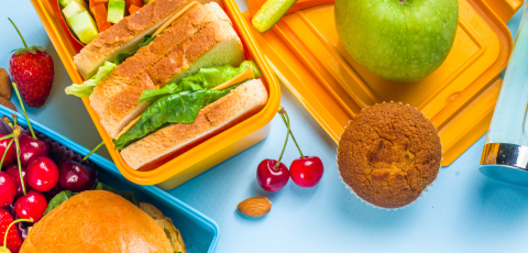 Lunch items including a sandwich, a hamburger, a muffin, and some fruit