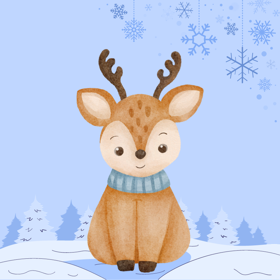 A reindeer wears a scarf and stands on a light blue background with snowflakes and trees.