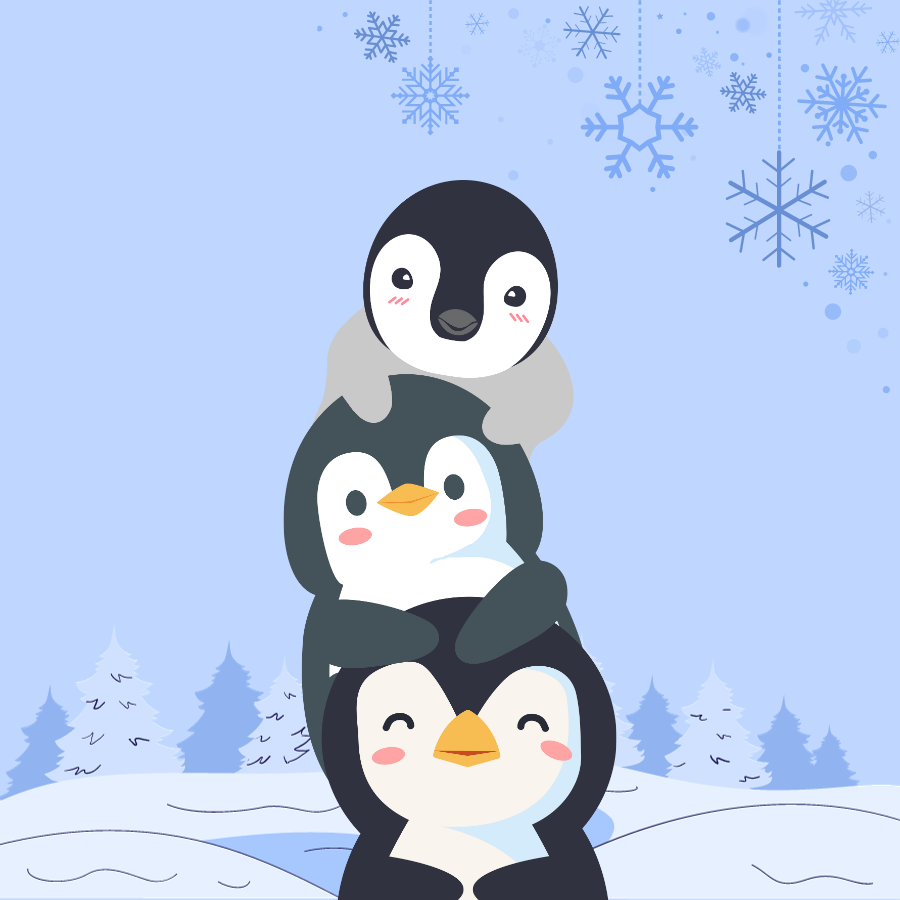 A stack of three penguins sit on a light blue background with snowflakes and trees.