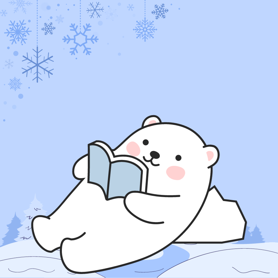A polar bear reads a book against a light blue background with snowflakes and trees.