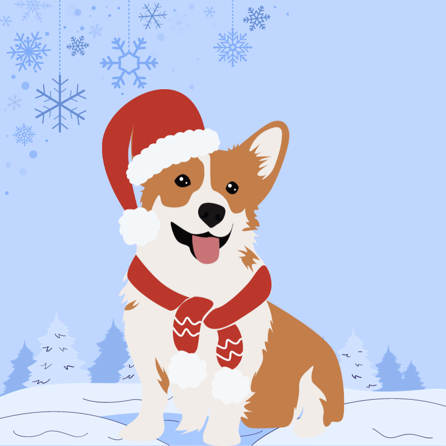 A corgi wearing a Santa hat sits against a light blue background with snowflakes and trees.